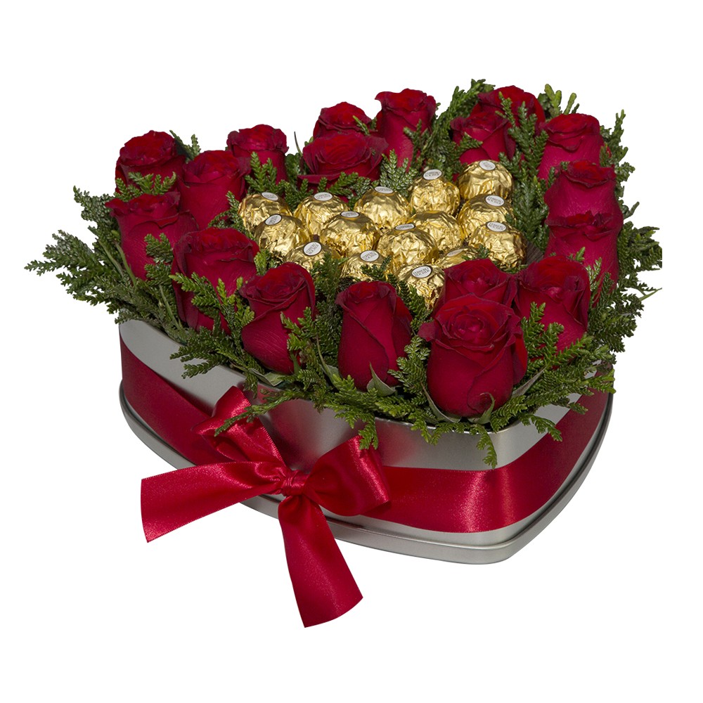 12 Rosas en Caja Corazón y Bombones Ferrero Rocher 
